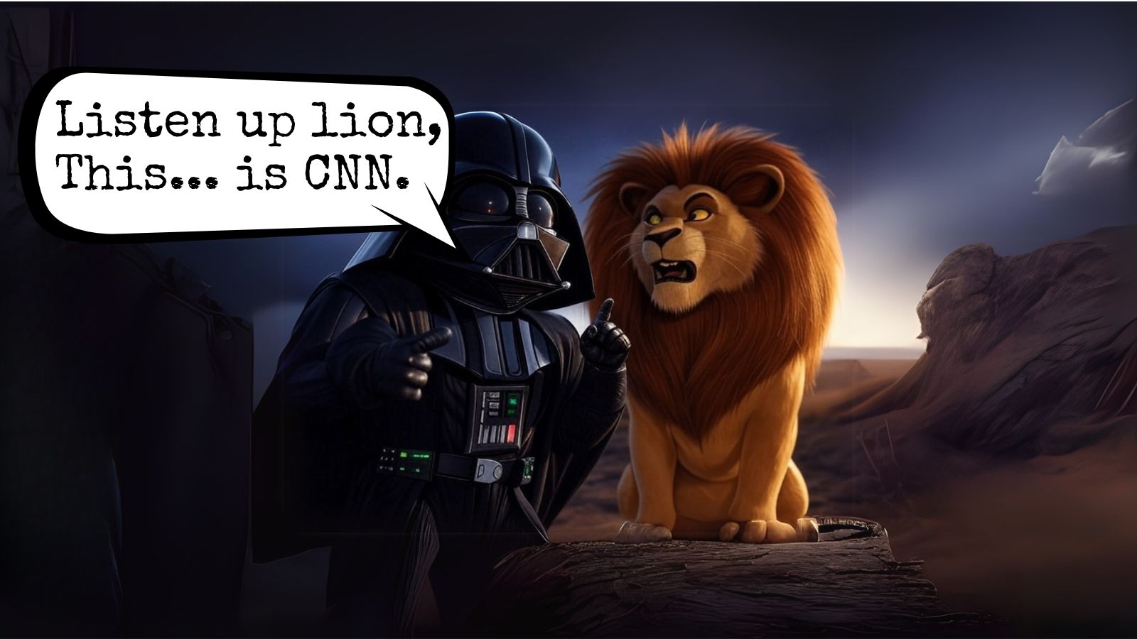 Cartoon sying "Listen up lion, this is CNN..."